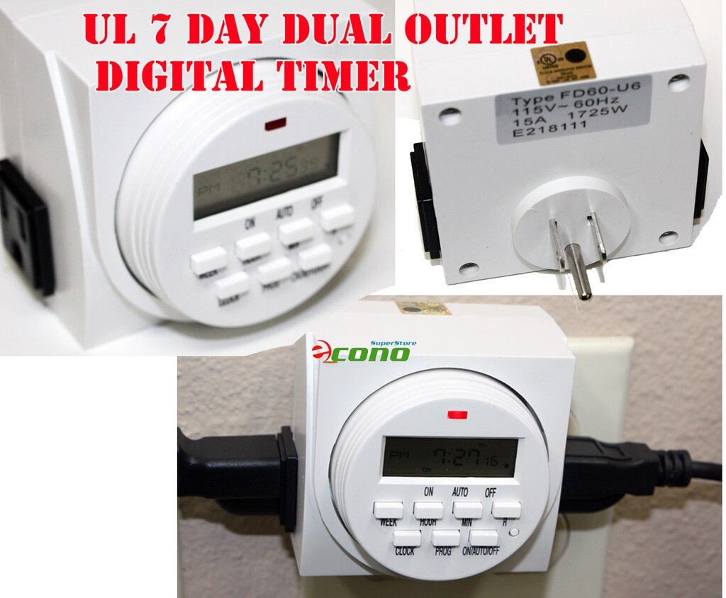 7 Day Dual Outlet Switch Digital Electric Light On Off Timer 15A 1725W UL LISTED