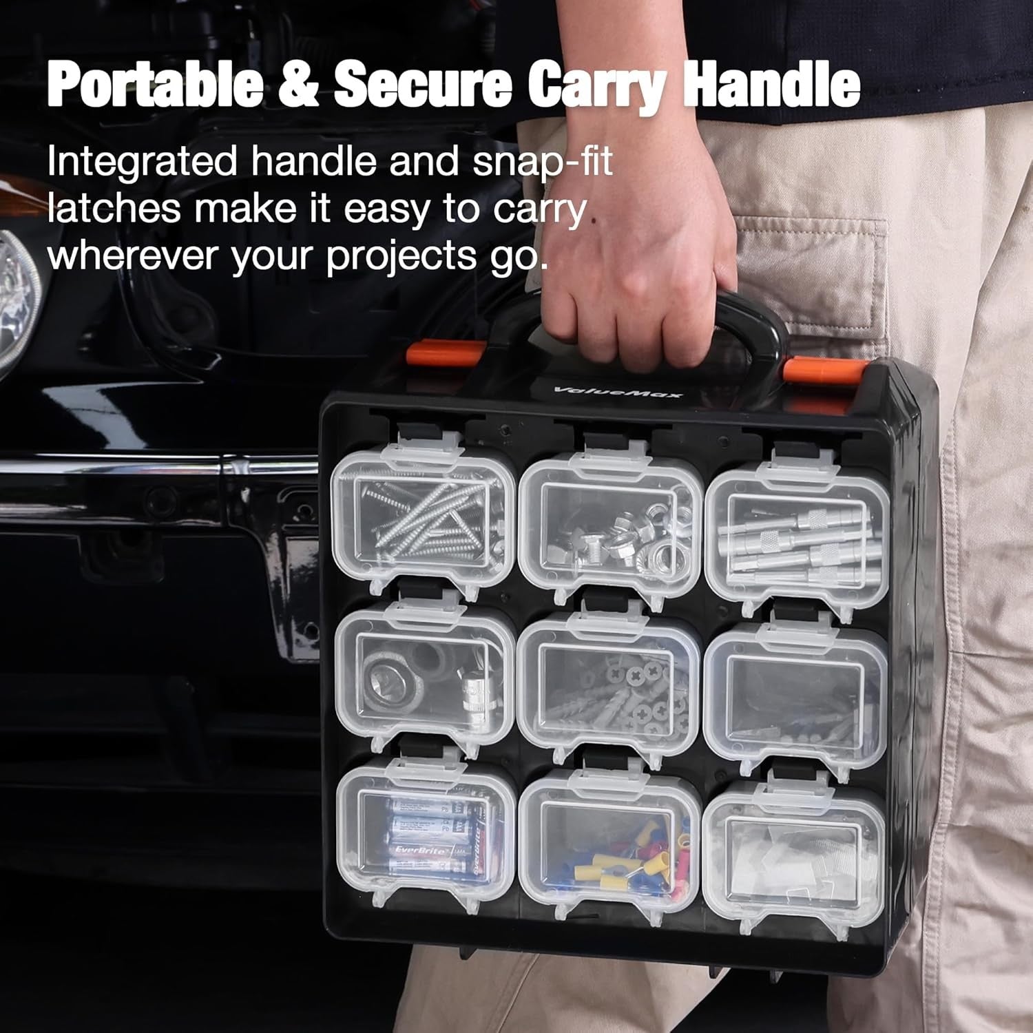 ValueMax Small Parts Organizer Box Double-Sided Tool Box with 18 Removable Bins