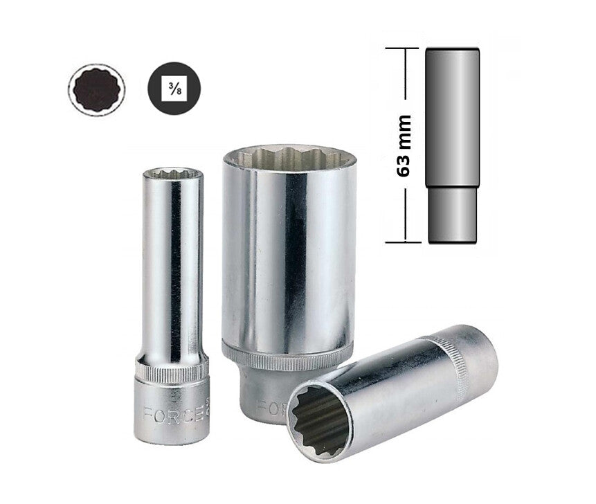 Force 3/8" Dr. 12pt 63mm Deep Socket Metric Size Options