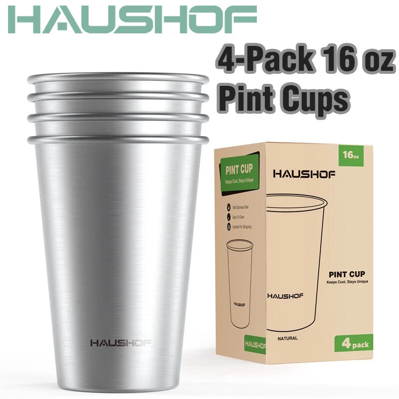 Haushof 4 Pack 16 Oz Pint Cup Stainless Steel Cup Stackable Metal