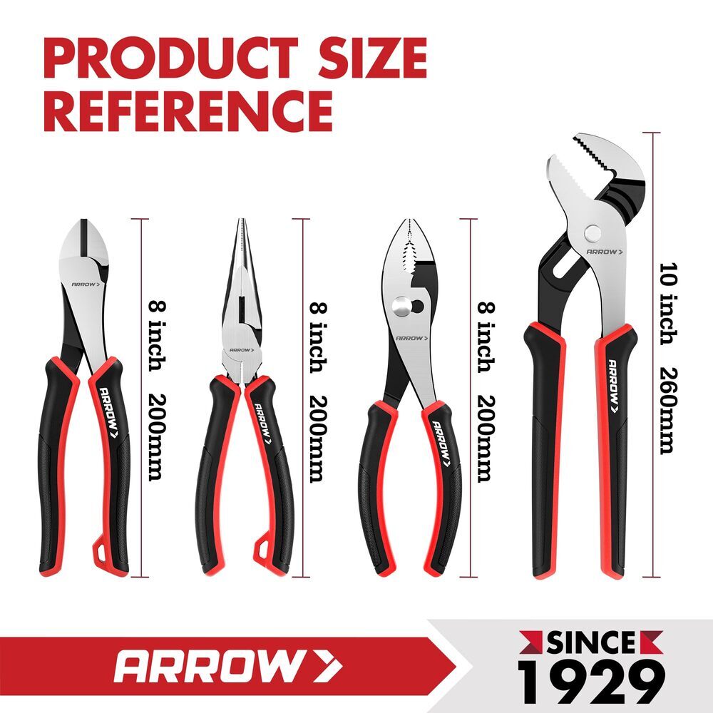 ARROW 4-Piece Pliers Set 8" Diagonal Long Nose Slip Joint 10" Groove Joint Plier
