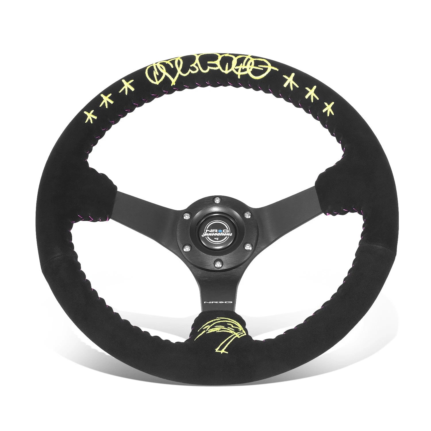 350mm 3" Nrg 3-spoke Black Suede Yellow Pattern Pink Stitching