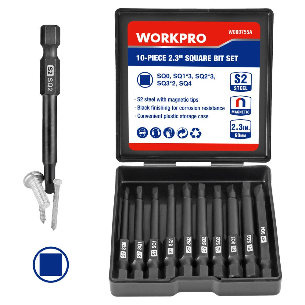 Workpro Magnetic Square Bit Set 1/4 Inch Hex Shank | Built Supply Co