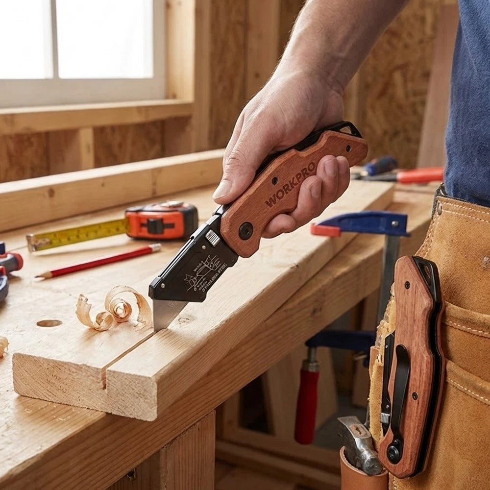 Workpro Folding Utility Knife Wood Handle Quick-change Blade Back