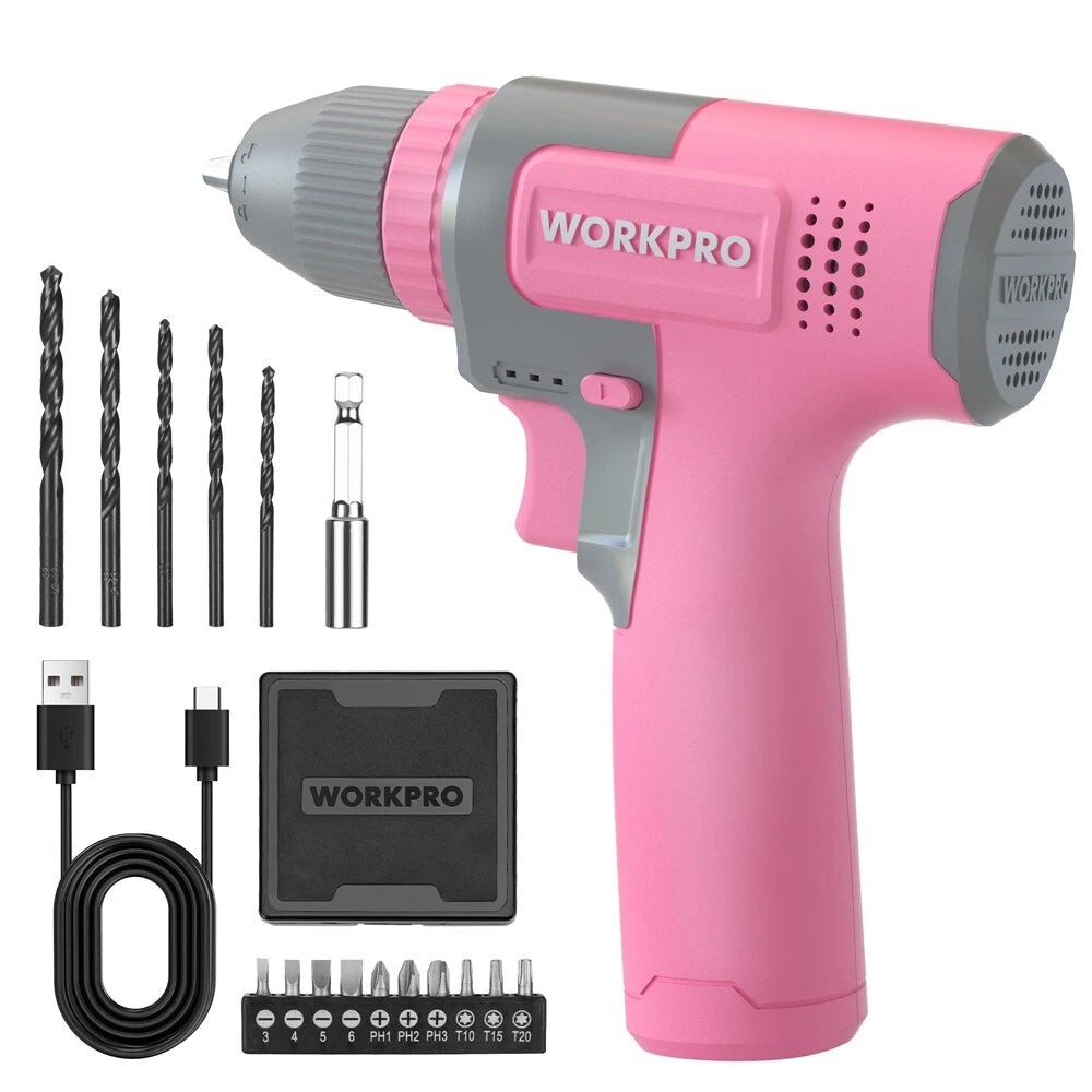 WORKPRO Pink 8V Cordless Electric Drill Driver Set 15pcs Bit 3/8'' Keyless Chuck