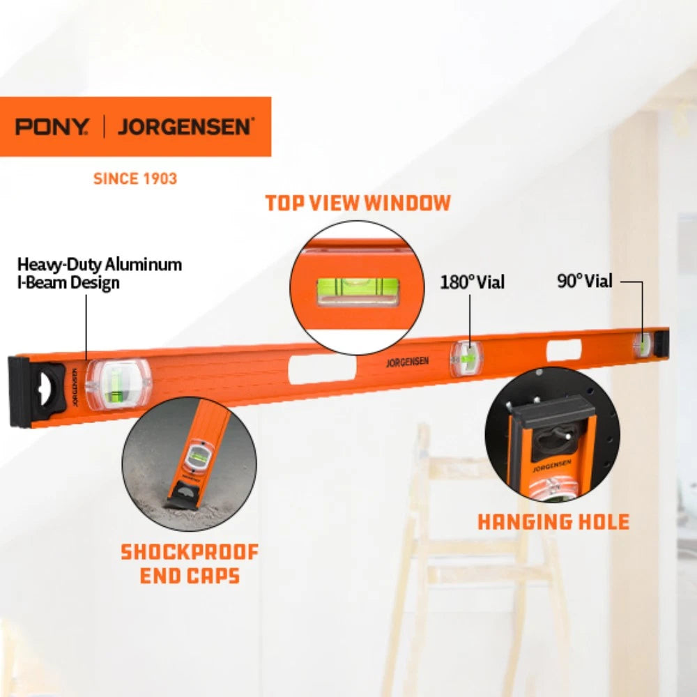 Jorgensen 48" Aluminum Level I-beam Leveler Tool W/3 Vials 90°/180°