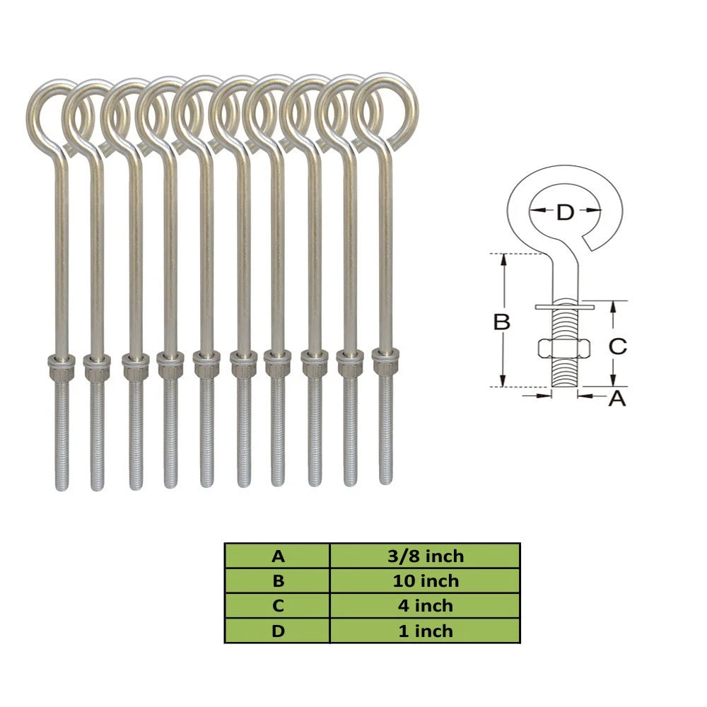 Stainless Steel 3/8'' X 10'' Turned Eye Bolt Nut And Washers 140 Lb
