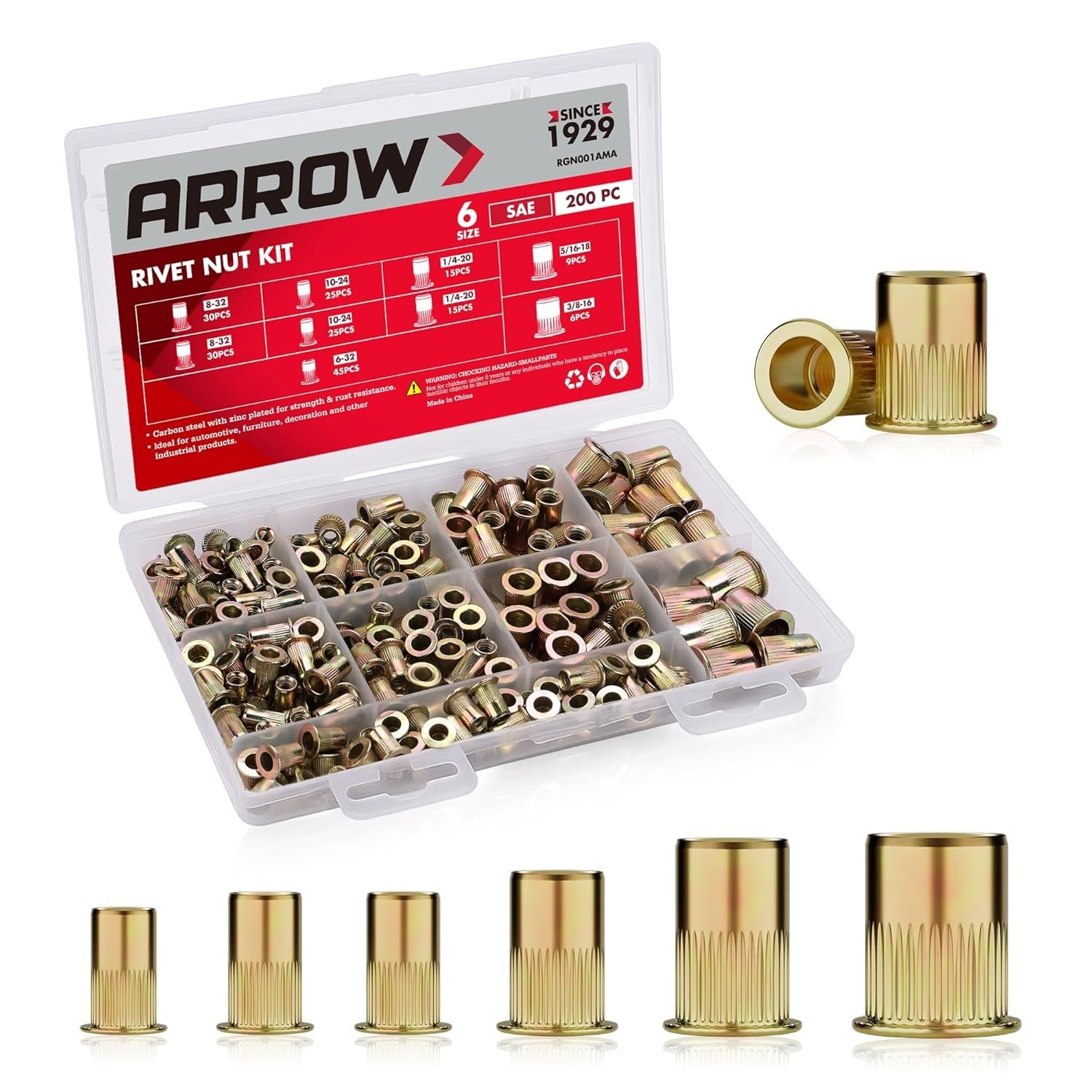 Arrow 200PC Rivet Nut Kit SAE Rivnut Assortment FlatHead Threaded
