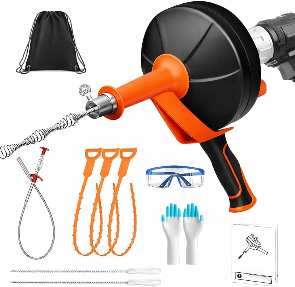 Drain Auger 25ft Clog Remover with Drill Adapter, Flexible Plumbing