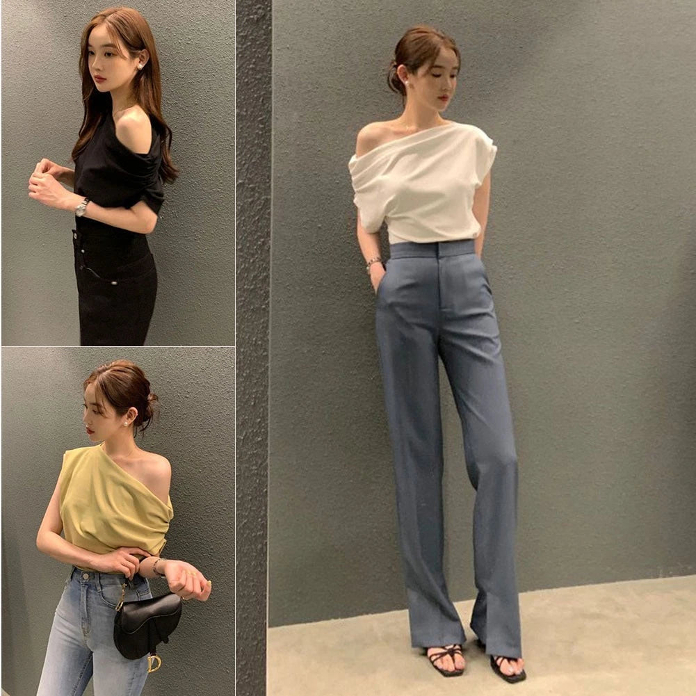 Women's Polyester Spandex Blend Shoulder Top For Spring And Summer