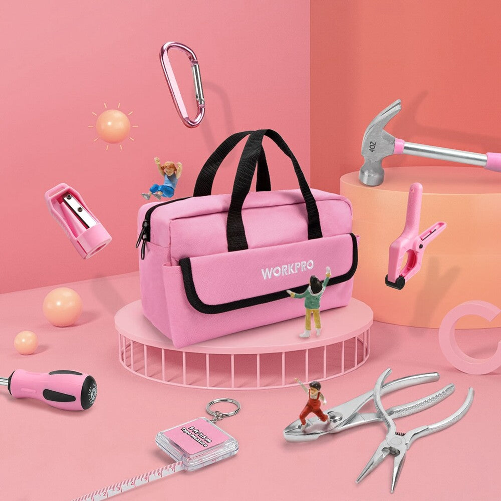 WORKPRO 23 Pieces Pink Kid Tool Kit Real Home DIY Woodworking Hand