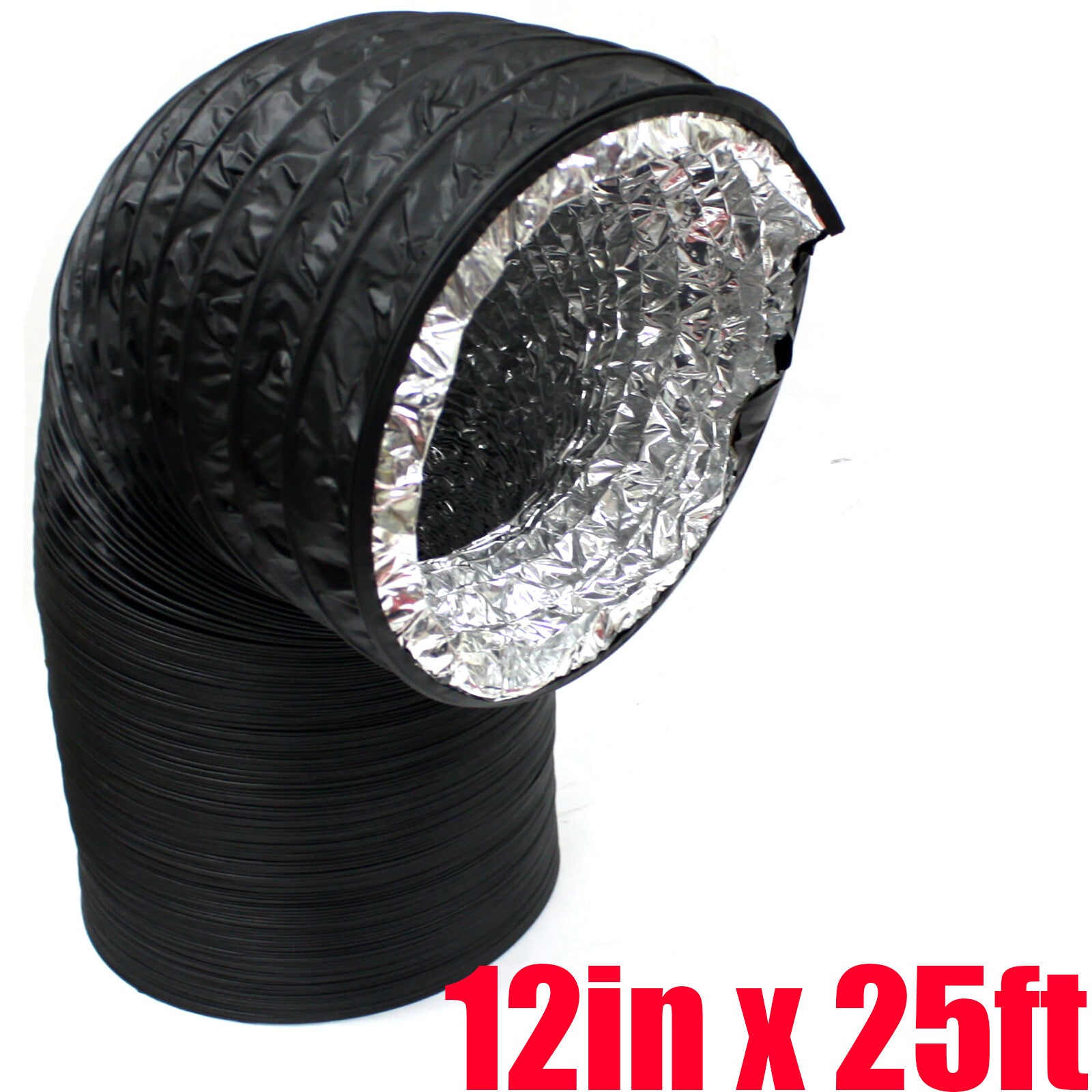 12" Dia x 25ft Long Black Insulated Flexible Ducting Air Ventilation HVAC Hydro