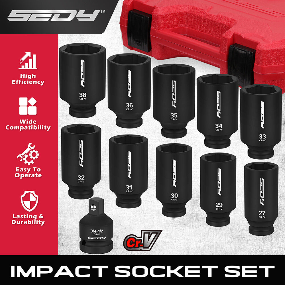 11-Piece 1/2 Drive Deep Impact Socket Set Metric Wheel Axle Nut Wrench