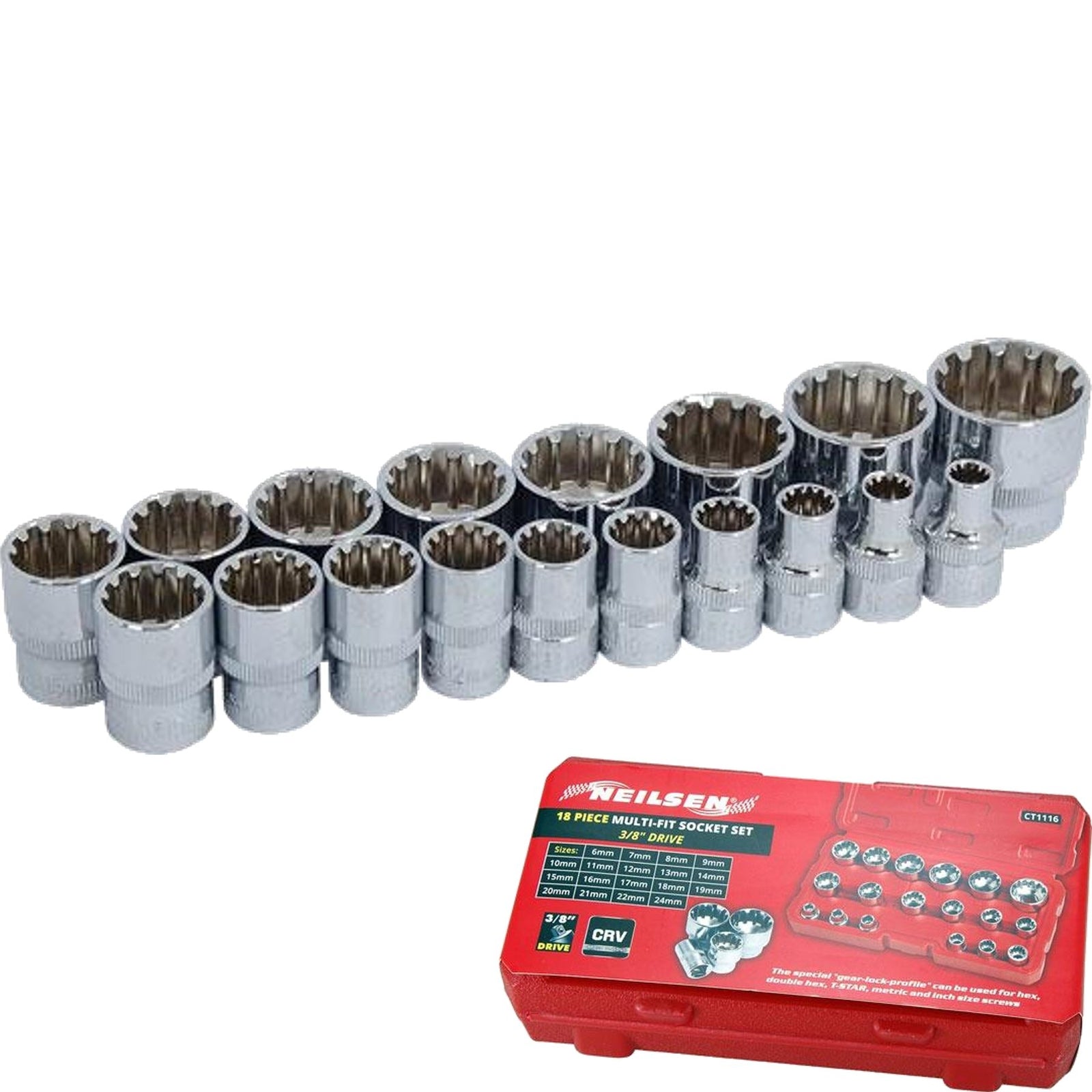 Neilsen Metric Multi Drive Sockets Set - 18pc 6mm to 24mm by Neilsen