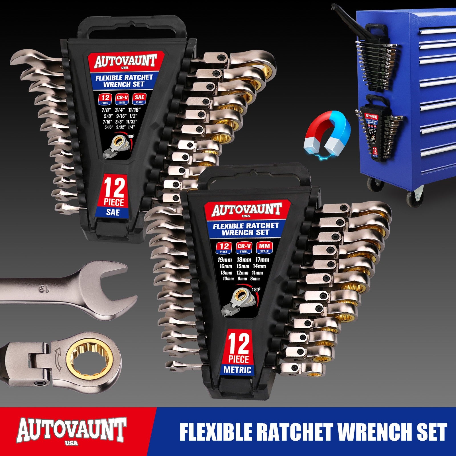 24PC Flex-Head Ratcheting Wrench Set Metric & SAE w/ Organizer 8-19mm by Unbranded