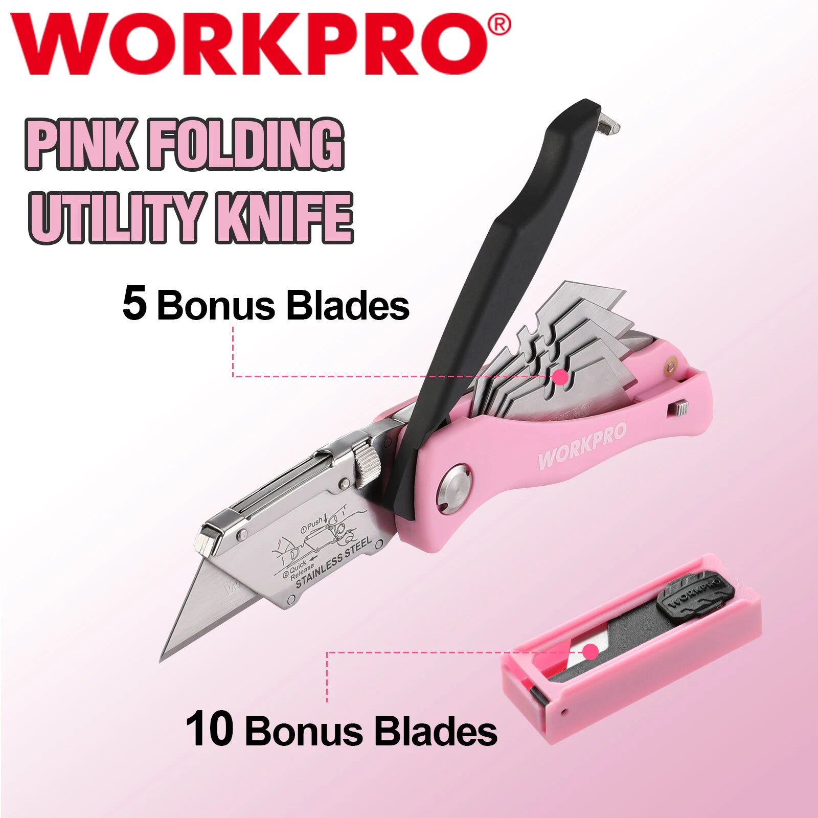 Workpro Folding Utility Knife Quick Change Box Cutter Pink Razor