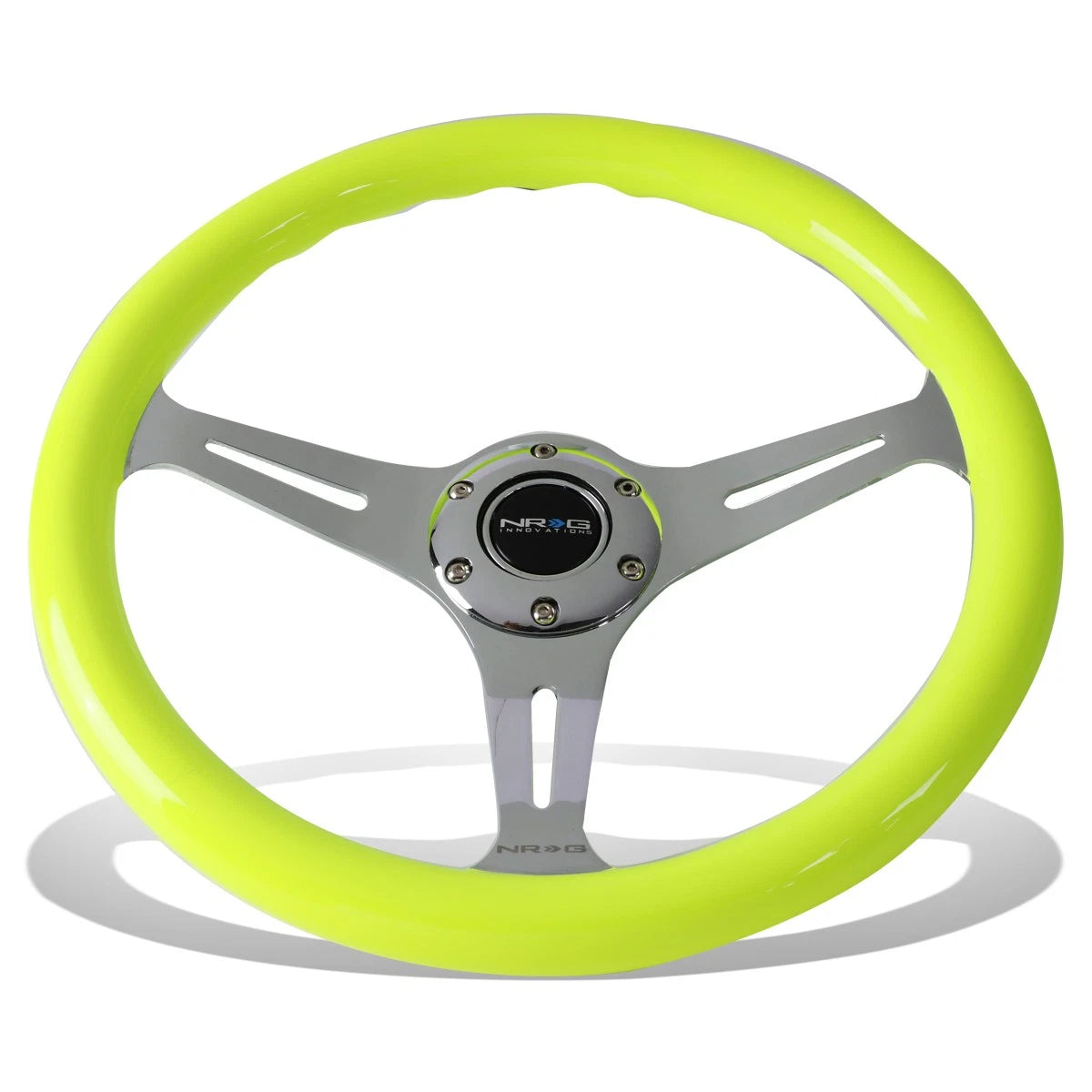 Nrg 35cm Neon Yellow Wood Grain Grip Chrome Spoke Steering Wheel
