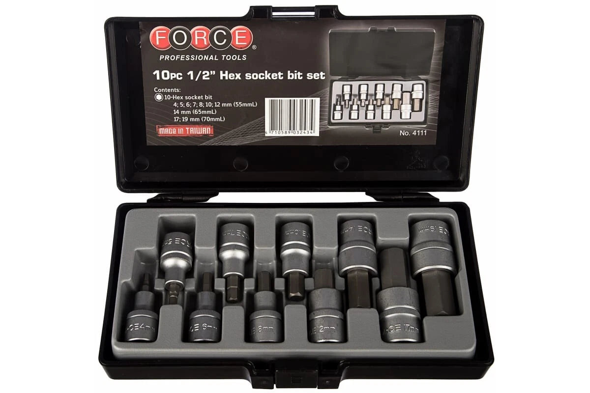 Force 4111 1/2" Dr. Hex Socket S2 Steel Bits Metric H4-19mm Set