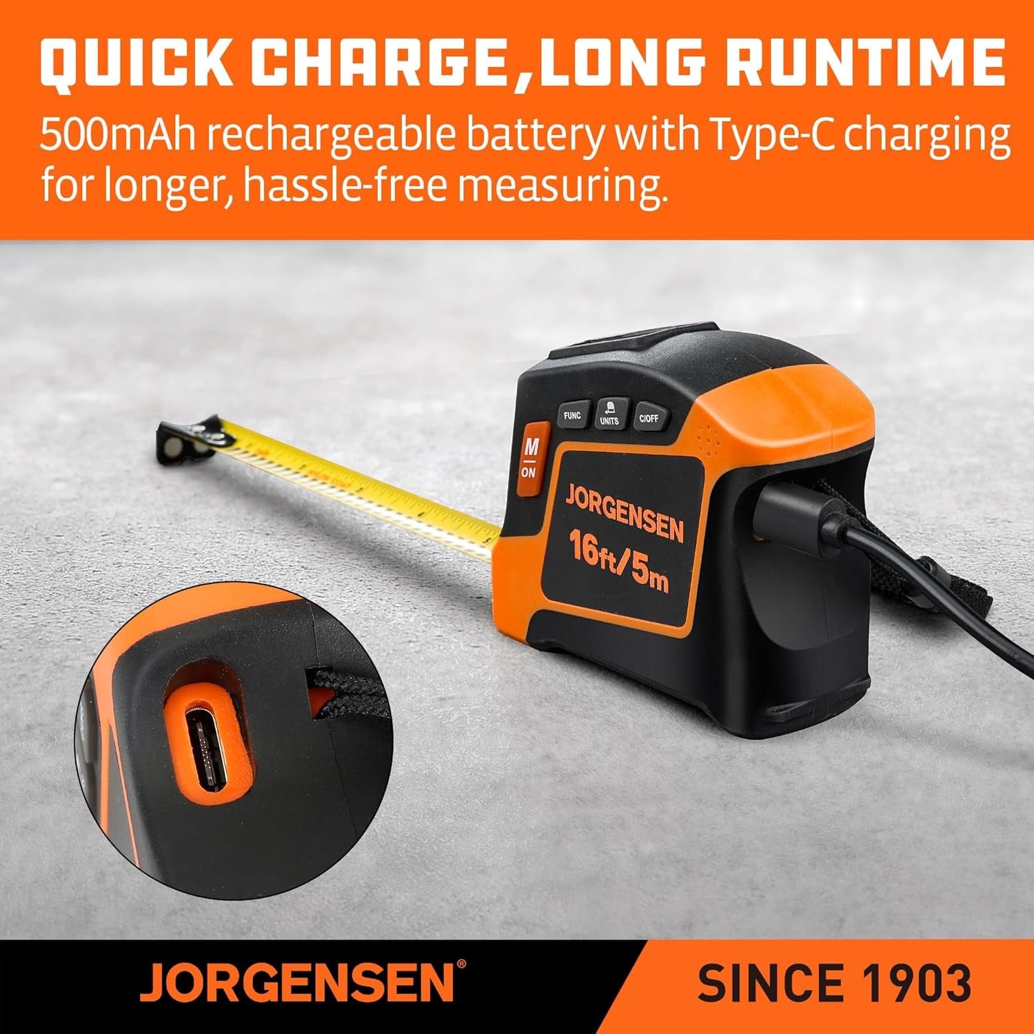 JORGENSEN 16Ft Rechargeable Digital Tape Measure by JORGENSEN