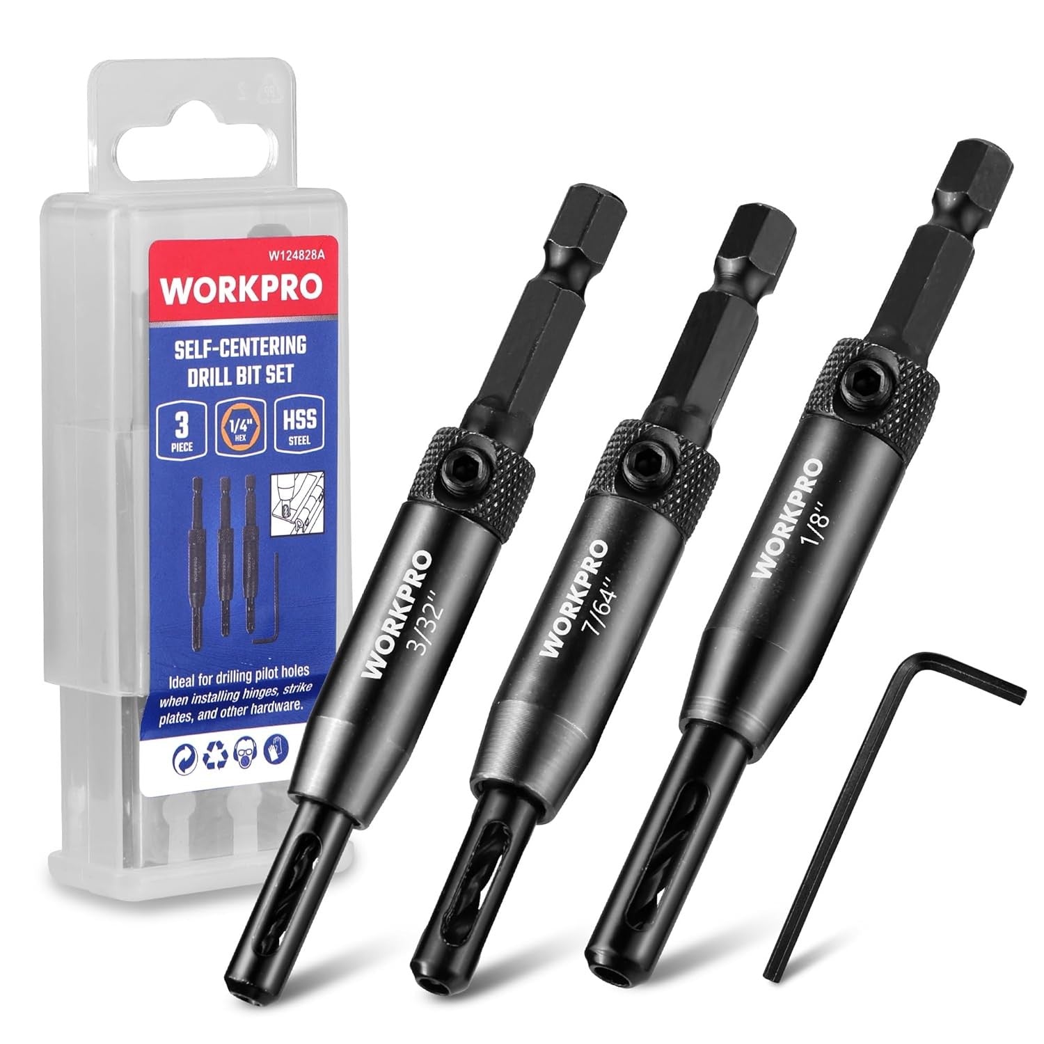 WORKPRO Self Centering Drill Bit Set 3/32''–1/4'' Hex Shank by WORKPRO