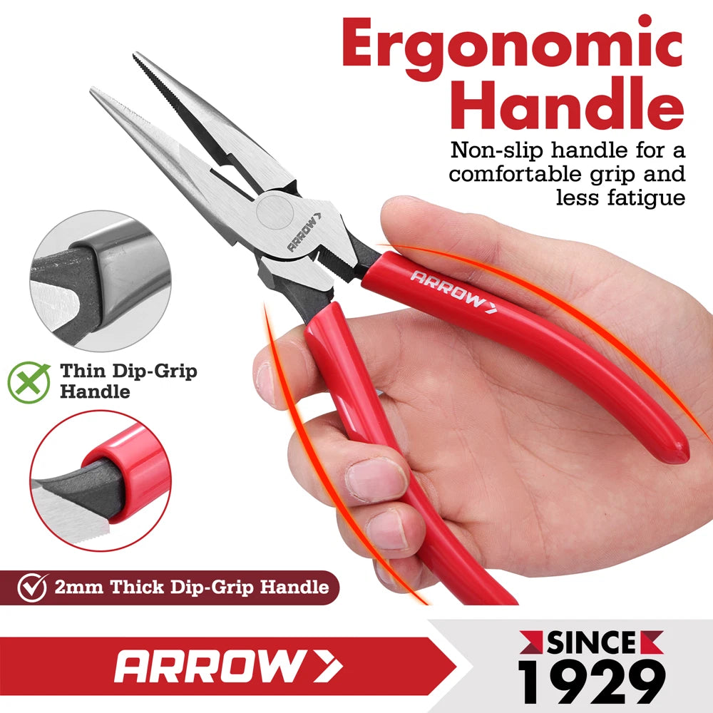 Arrow 8" High Leverage Needle Long Nose Plier With Side Cutters Long