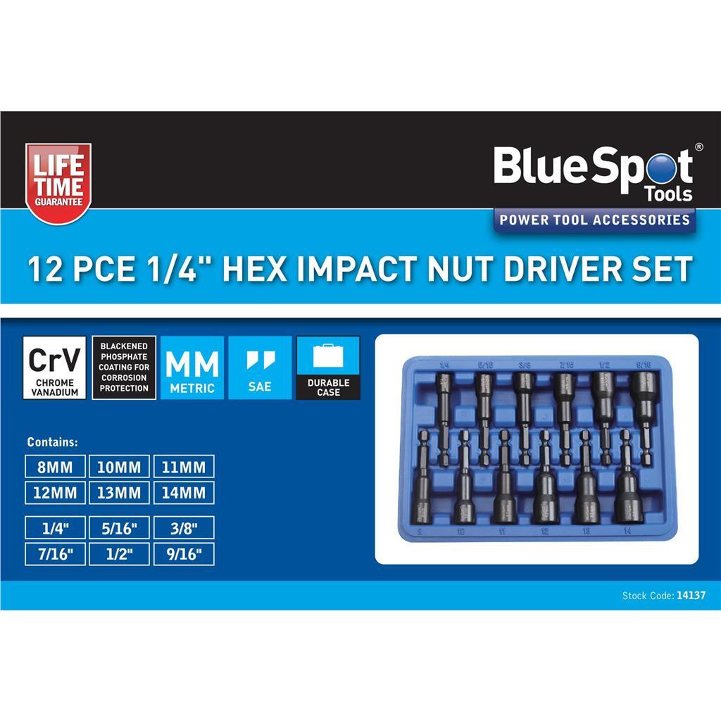 Bluespot 12pc Nut Driver Socket Set Impact Drill Metric SAE Bits HexOpens in a n