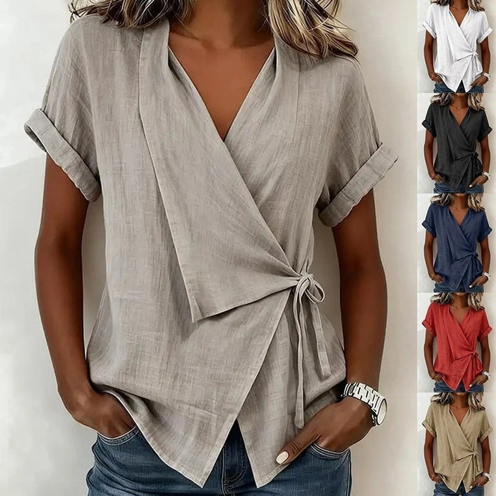 Womens Polyester Short Sleeve Shirt V Neck Tie Front For Beach Yoga