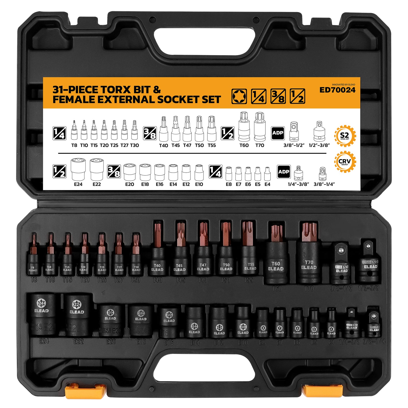 31PC Torx Bit Socket Set T8-T70 & E-Torx E4-E24 S2 Alloy Steel Star
