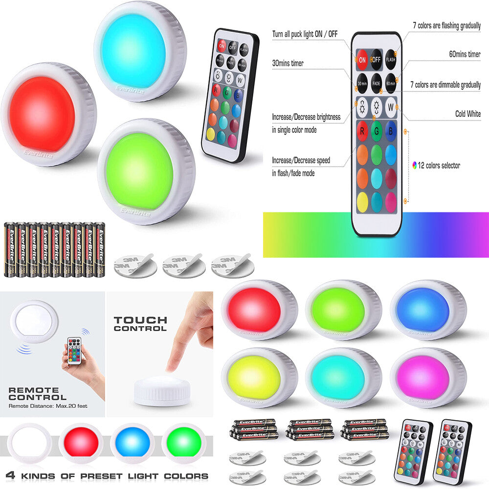 Led Closet Light Tap&Push Light with 12 RGB Colors 3PK/6PK Batteries Included