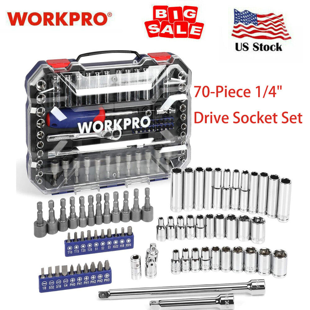 WORKPRO 70 PCS 1/4" Drive Socket Set Quick-Release Ratchet Socket SAE