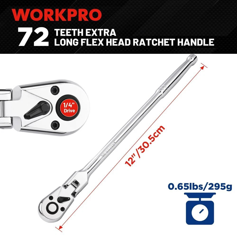 Workpro 1/4 Inch Drive Extra Long Flex Head Ratchet 12 Inch Long Cr-v