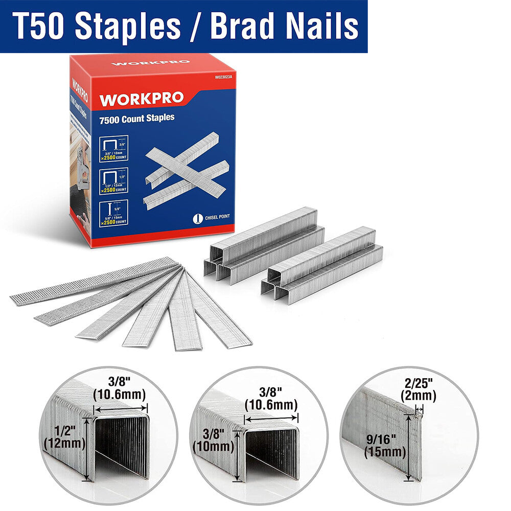 WORKPRO Heavy Duty T50 Staple&Brad Nail Combo Kit1/2"(12mm)3/8"(10mm)9/16"(15mm)
