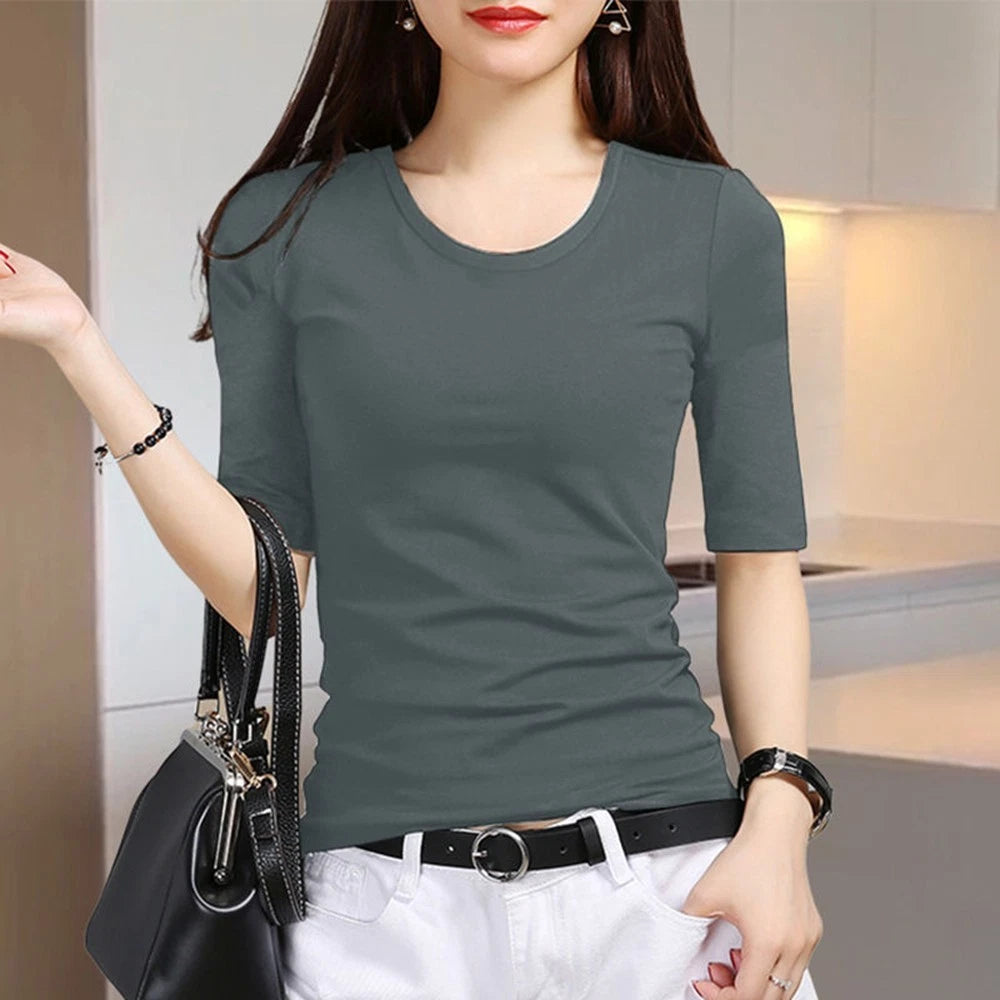Women Casual Solid Color Round Neck Top Polyester Breathable 3/4