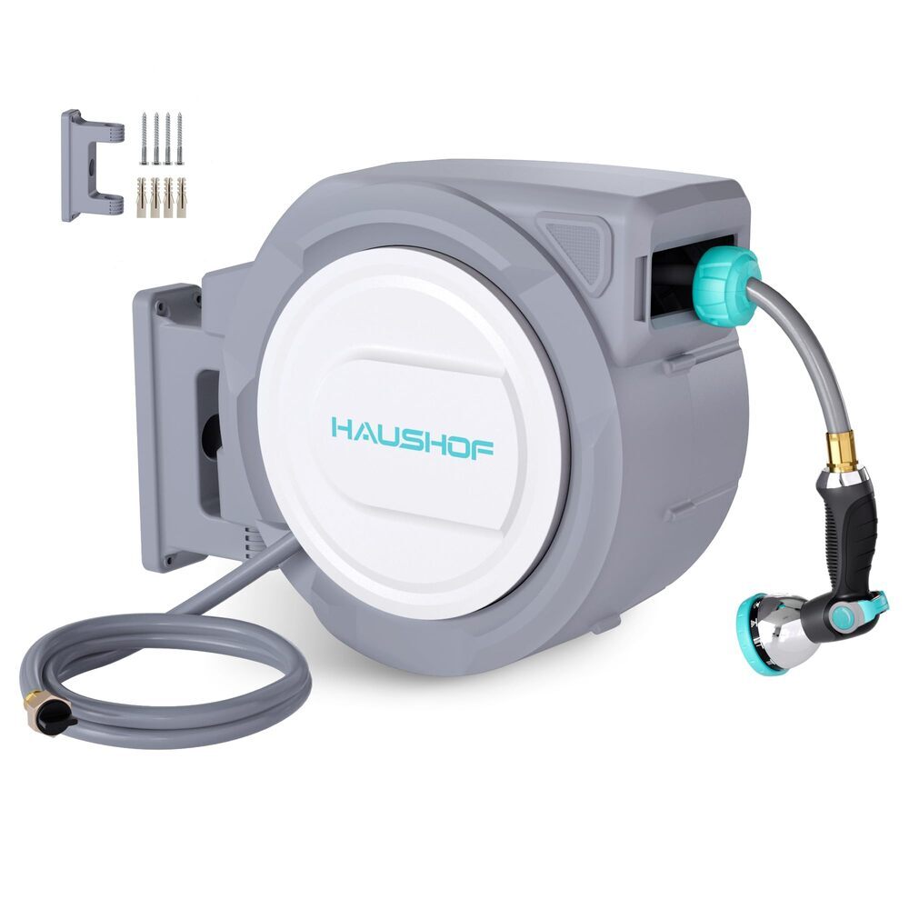 HAUSHOF 1/2"x130ft Retractable Garden Hose Reel Auto-Locking Length