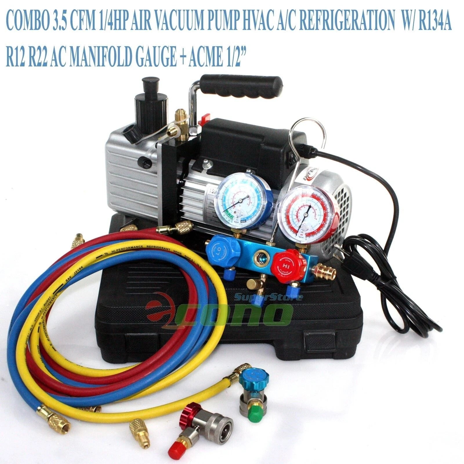 Refrigerant Manifold Gauge & 3CFM Vacuum Pump Set For Hvac