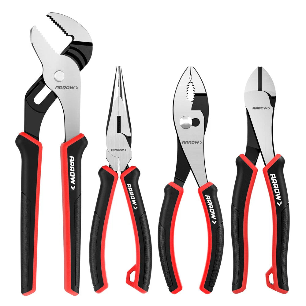 Arrow 4-piece Pliers Set 10" Groove Joint 8" Diagonal Long Nose Slip