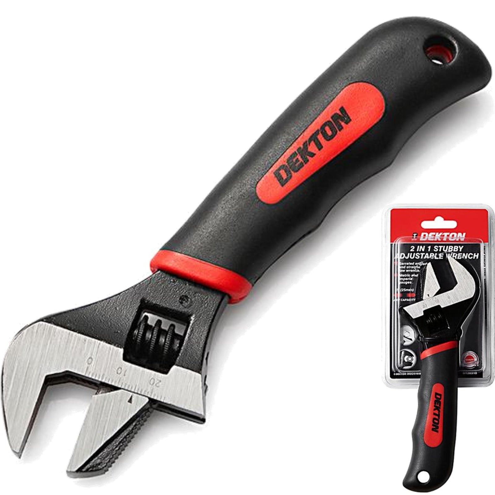 Dekton 2 In 1 Adjustable Stubby Wide Opening Spanner Wrench Soft Grip HandleOpen