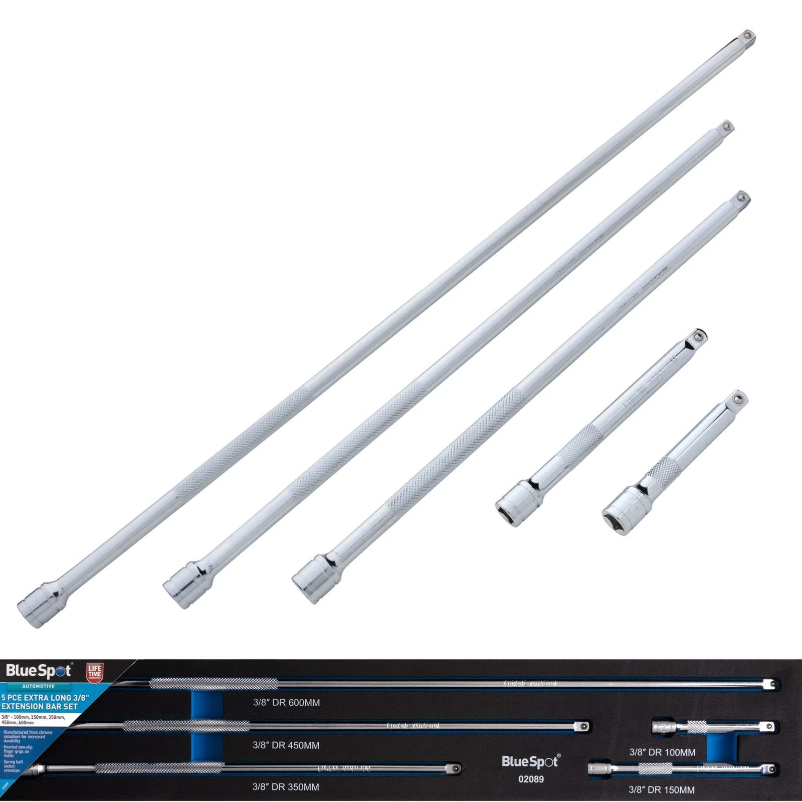 Bluespot 3/8 Drive Socket Extension Bar Set 100 150 350 450 600mm