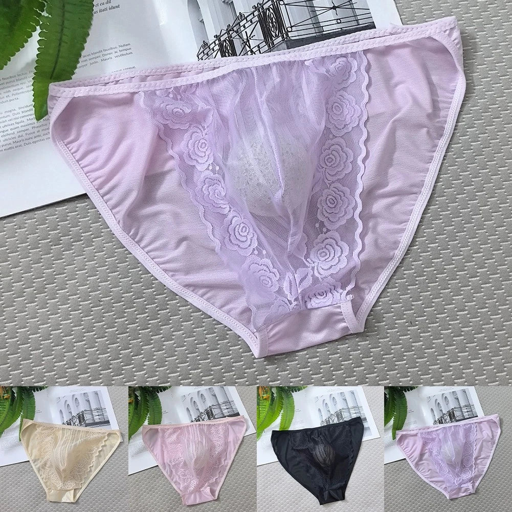 Men's Low Waist Transparent Lace Briefs Breathable Seamless Underpants