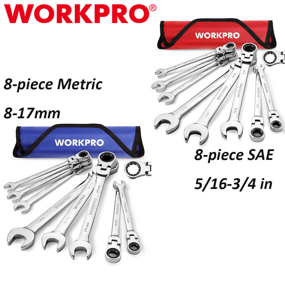 WORKPRO 8PCS Flex-Head Ratcheting Combination Wrench 5/16-3/4"/8-17mm