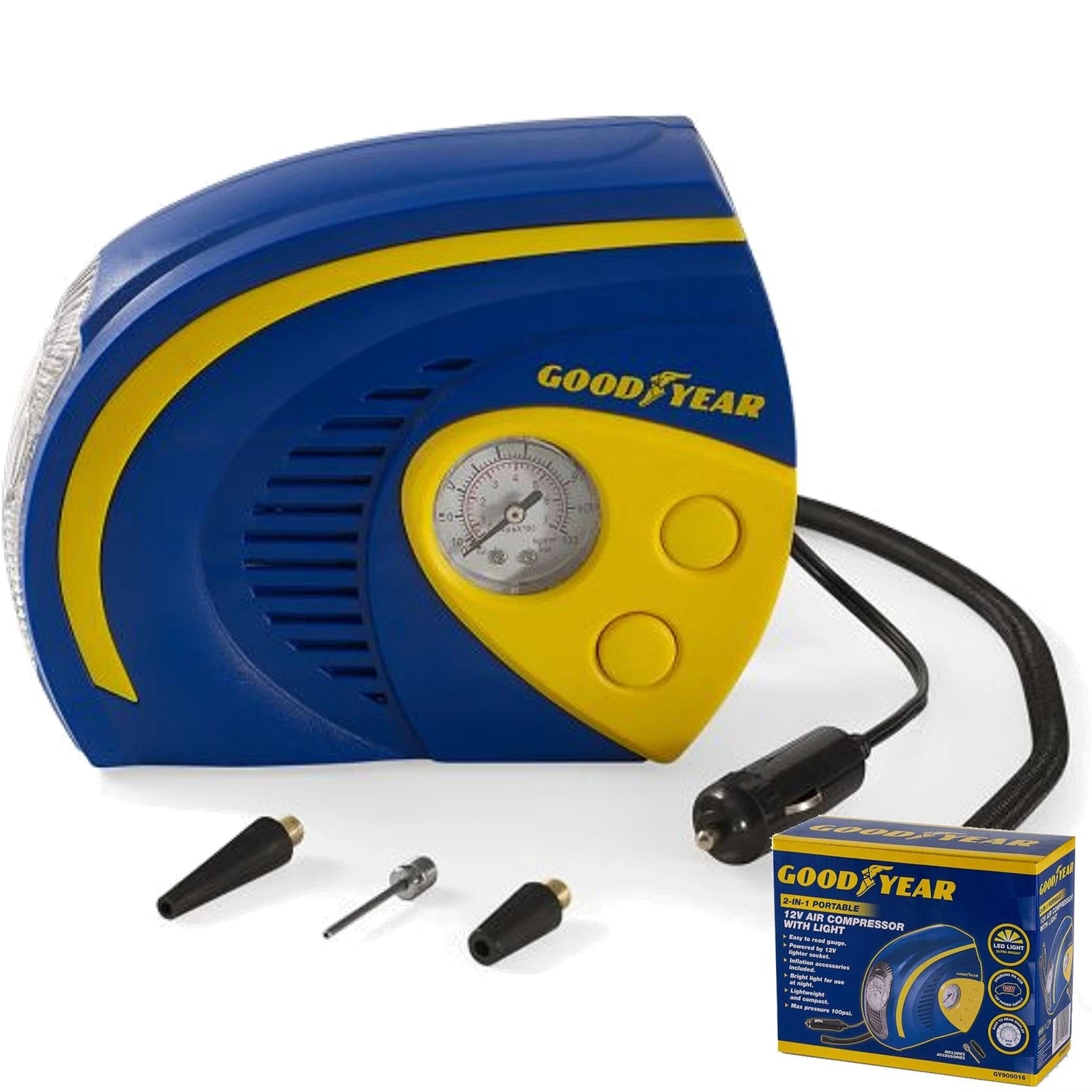 Goodyear 2 In 1 Tyre Air Compressor Inflator Led Light 12V 100PSI