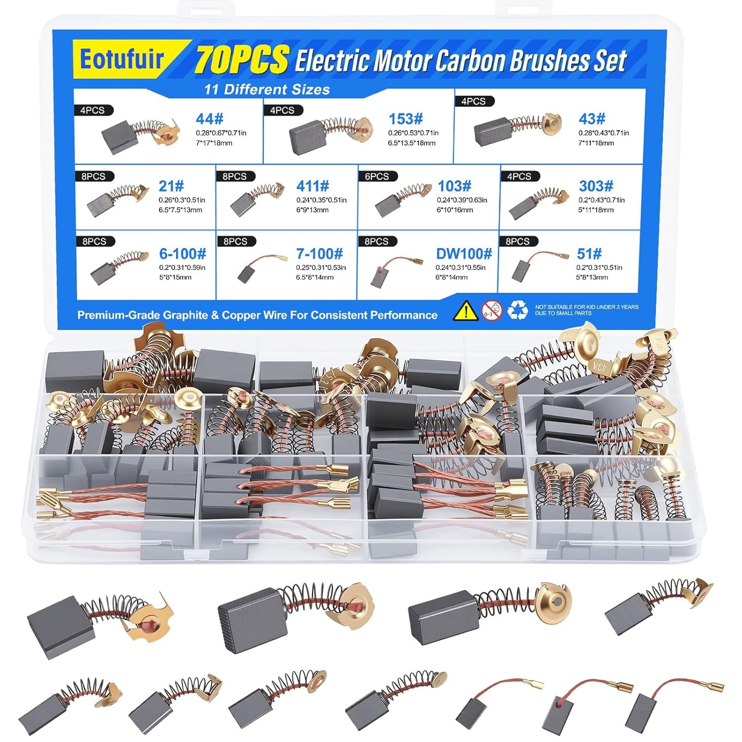 70PCS Electric Motor Carbon Brushes Set, 11 Assorted Sizes, Thicker