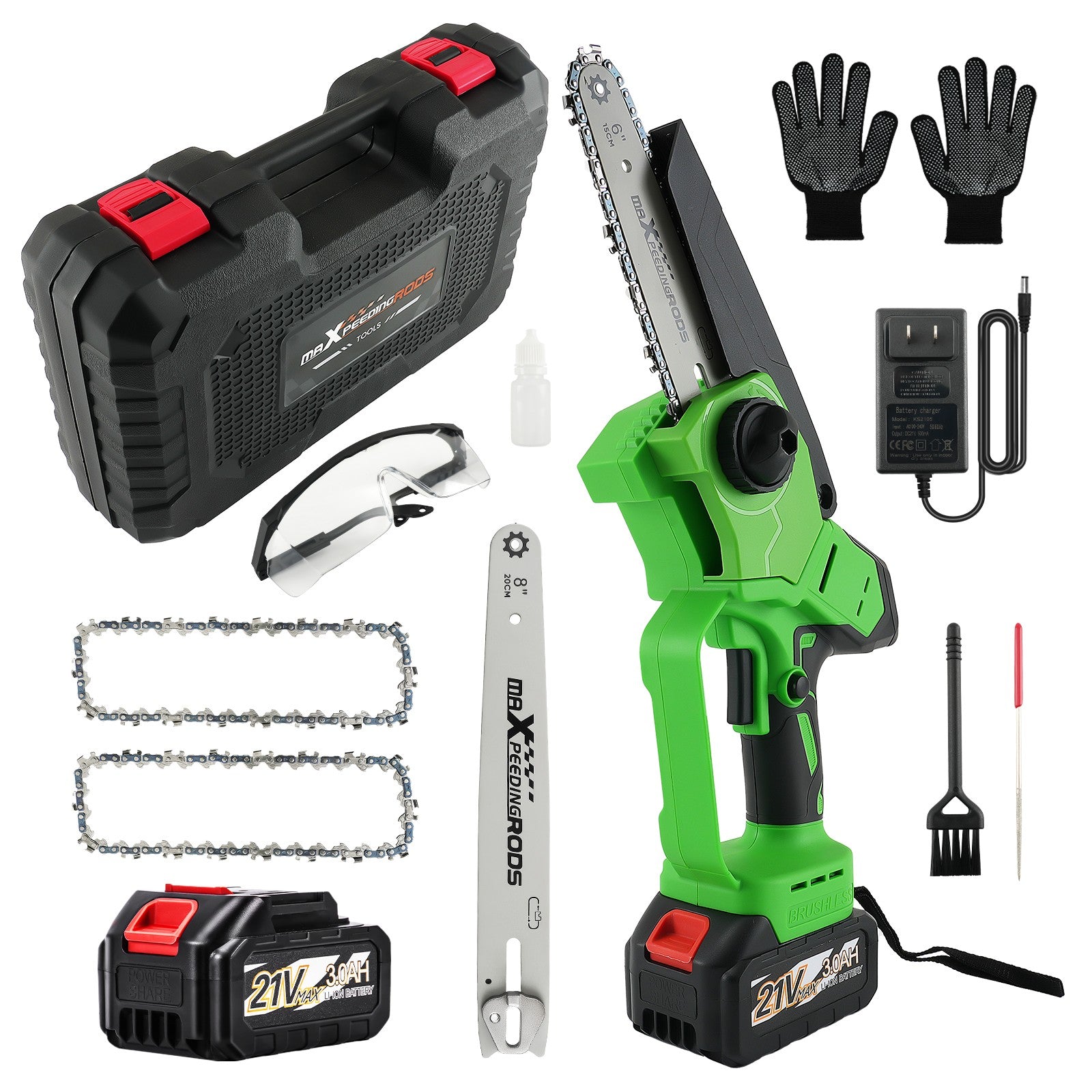 Cordless for Mini Chainsaw 1200W 6"8" Bar Brushless Auto-Oil 2x3000mAh