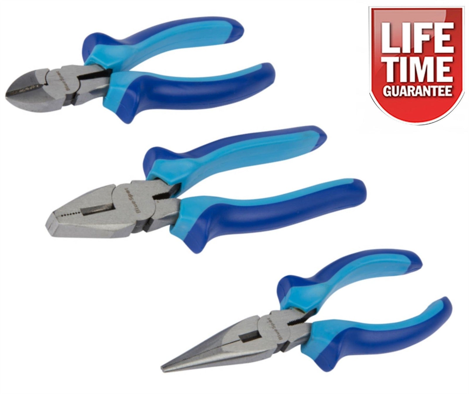 3Pc Soft Grip Combination Pliers Set Long Nose Cutters Side Cutting Plier Opens 