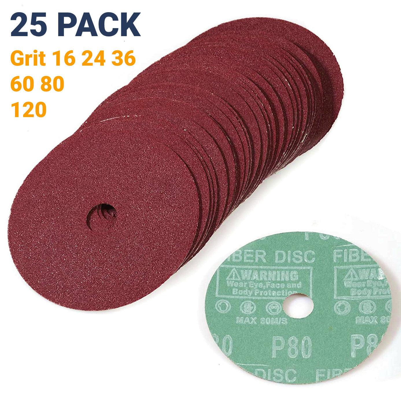 25PCS 5 inch Calcined A/O Resin Fiber Sanding Grinding Disc 24 36 60