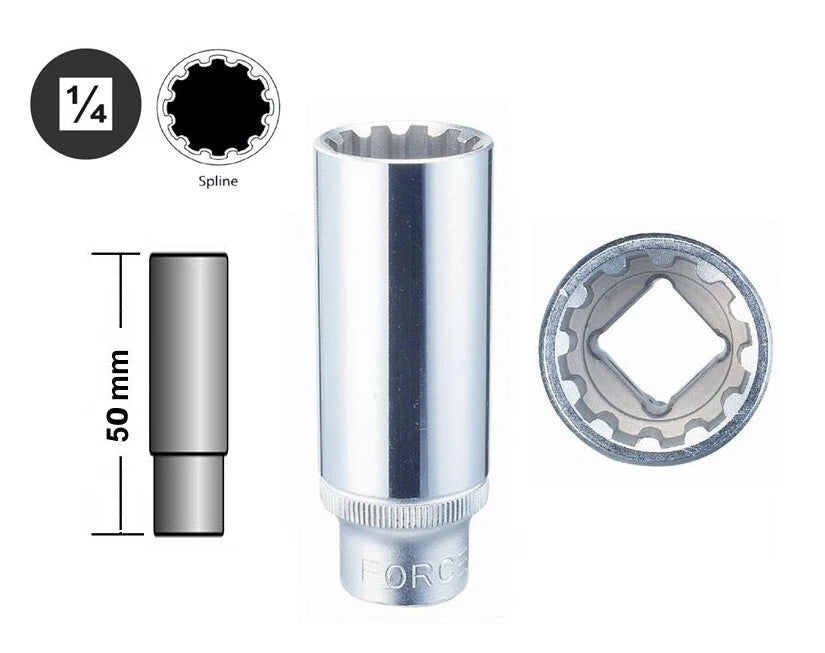 Force 1/4" Dr. 12pt 50mml Deep Spline Female Socket Multi-tooth Gear