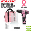 WORKPRO Pink Cordless Drill Driver Set 12V Screwdriver Driver 3/8"