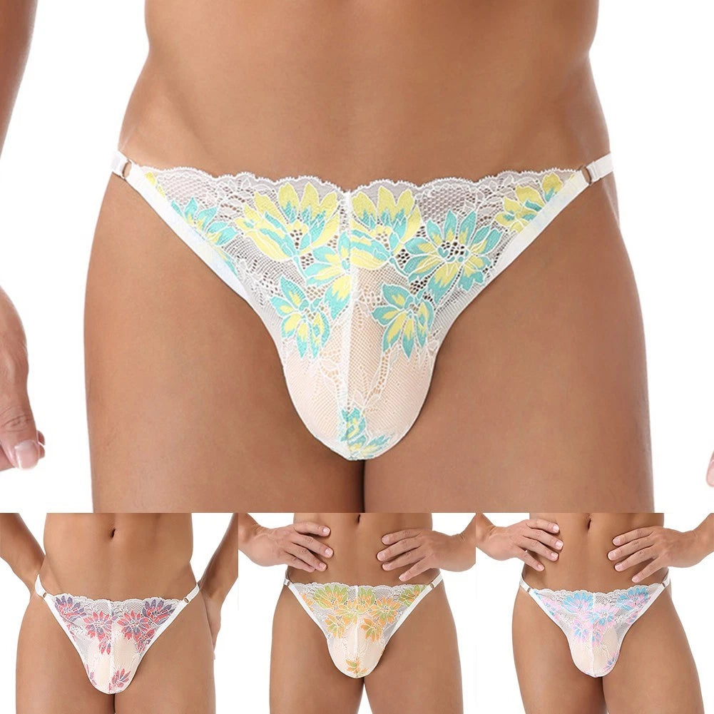 Adjustable Mens Low Waist T Back Thong Underwear Lace Pouch Sexy