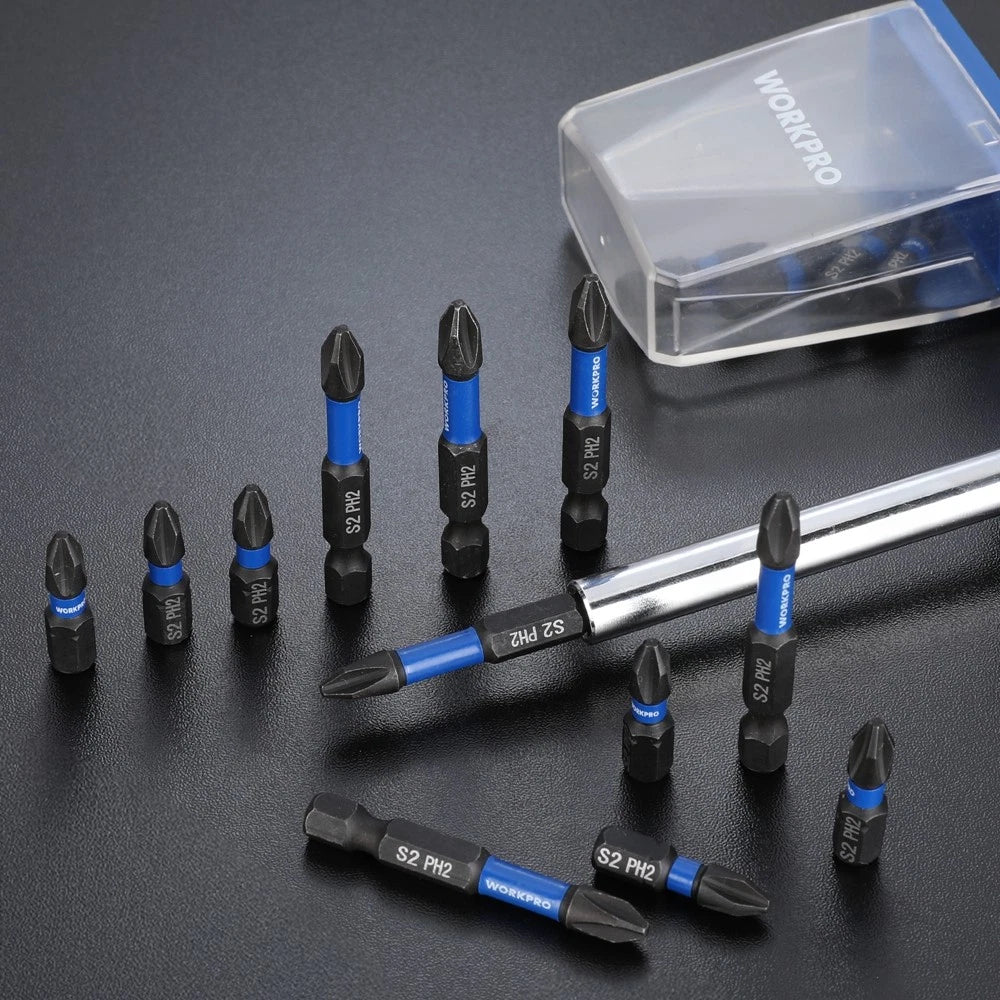WORKPRO 16PC PH2 Impact Phillips Screwdriver Bit Set S2 Steel Tips w/Storage Box