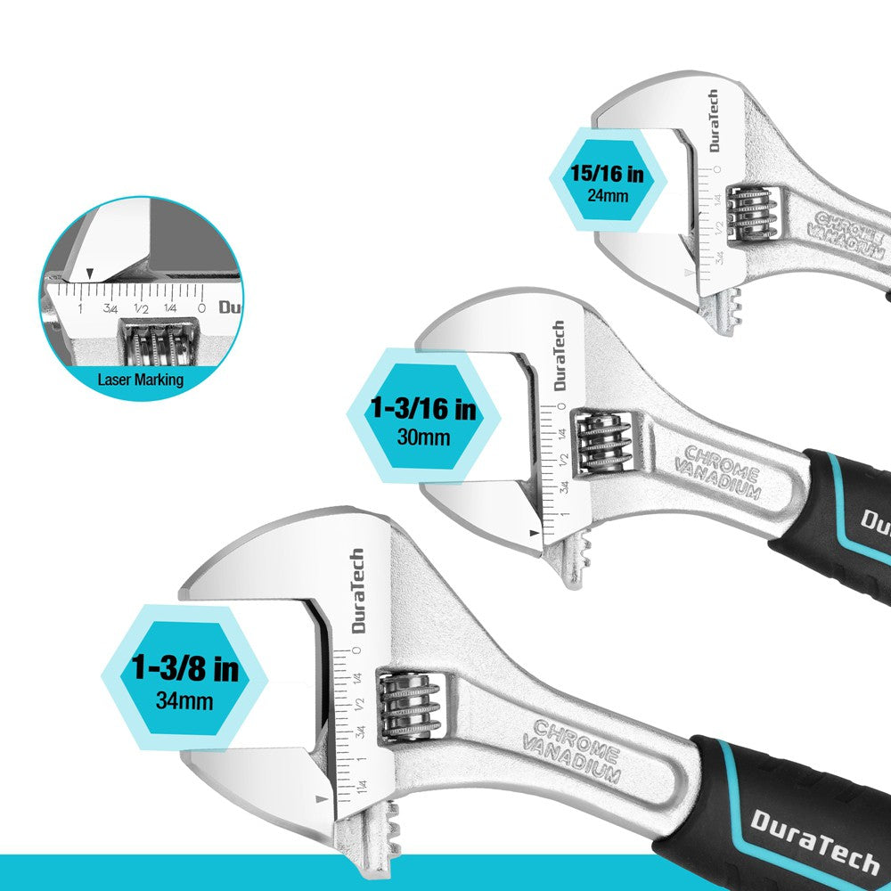 DURATECH 3PC Adjustable Wrench Set 6" 8" 10" Wide Jaw